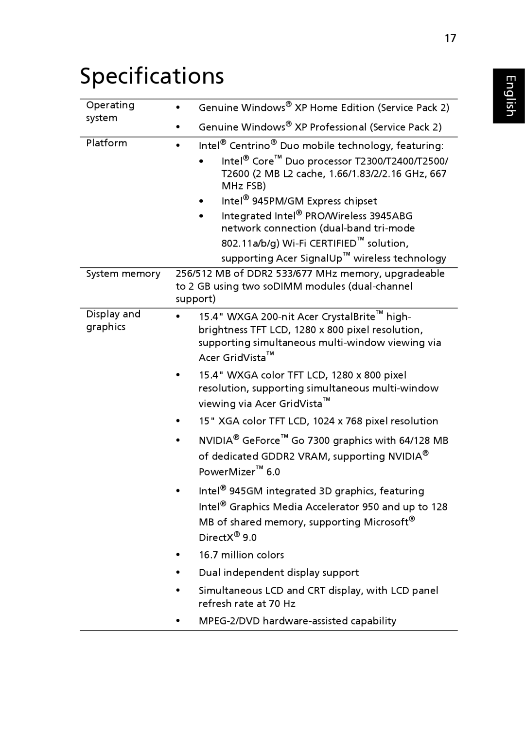 Acer 5610 manual Specifications 