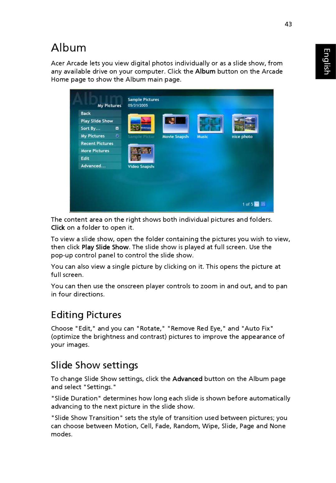 Acer 5610 manual Album, Editing Pictures, Slide Show settings 