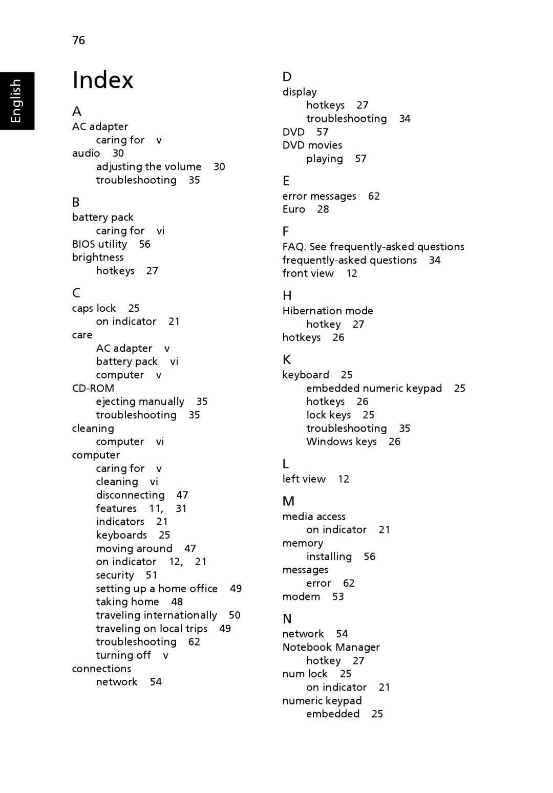 Acer 5610 manual Index, Cd-Rom 