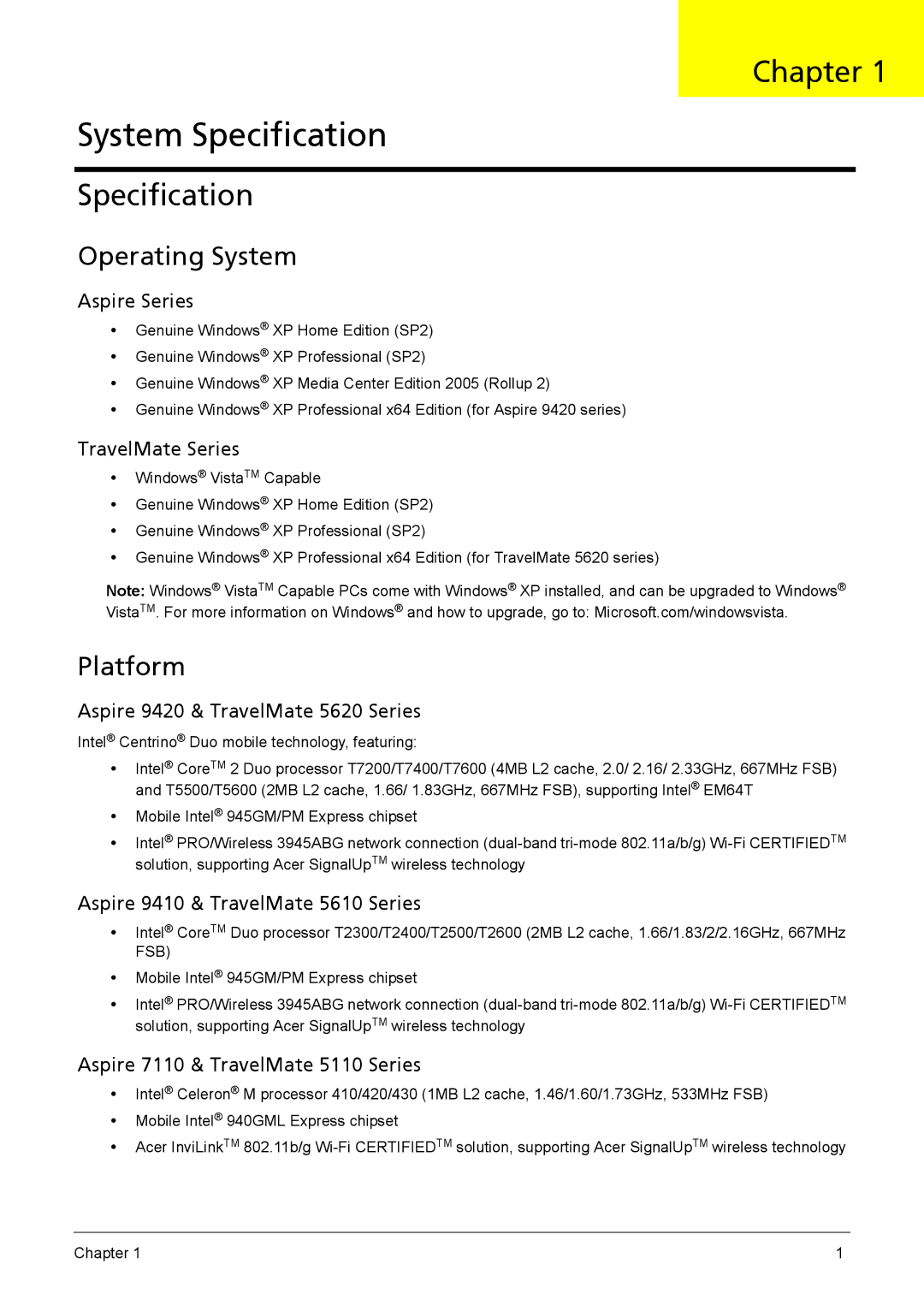 Acer 5110, 5620, 5610 manual Chapter, Specification, Operating System, Platform 