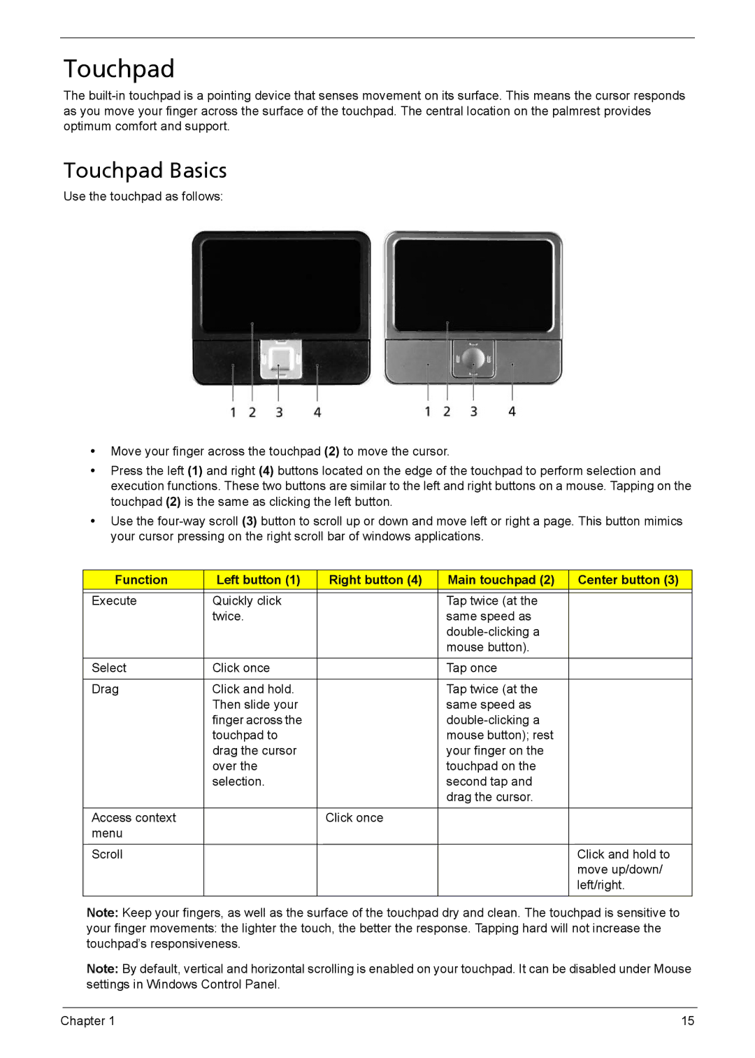 Acer 5610, 5620, 5110 manual Touchpad Basics 