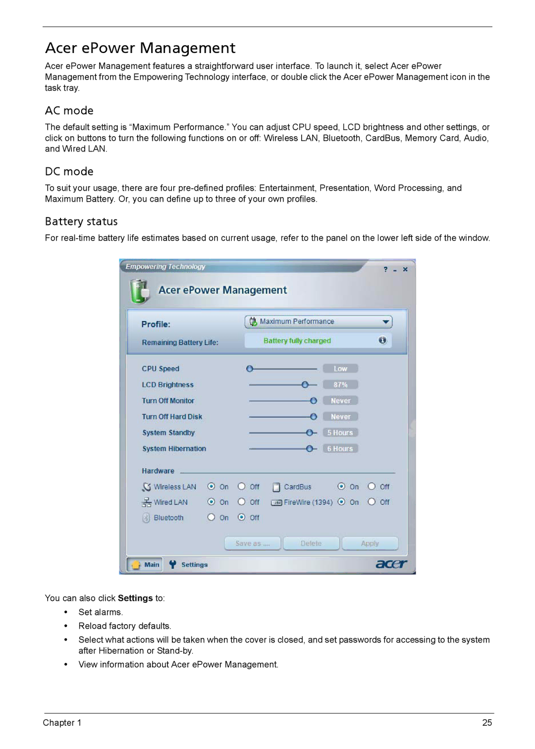 Acer 5110, 5620, 5610 manual Acer ePower Management, AC mode, DC mode, Battery status 