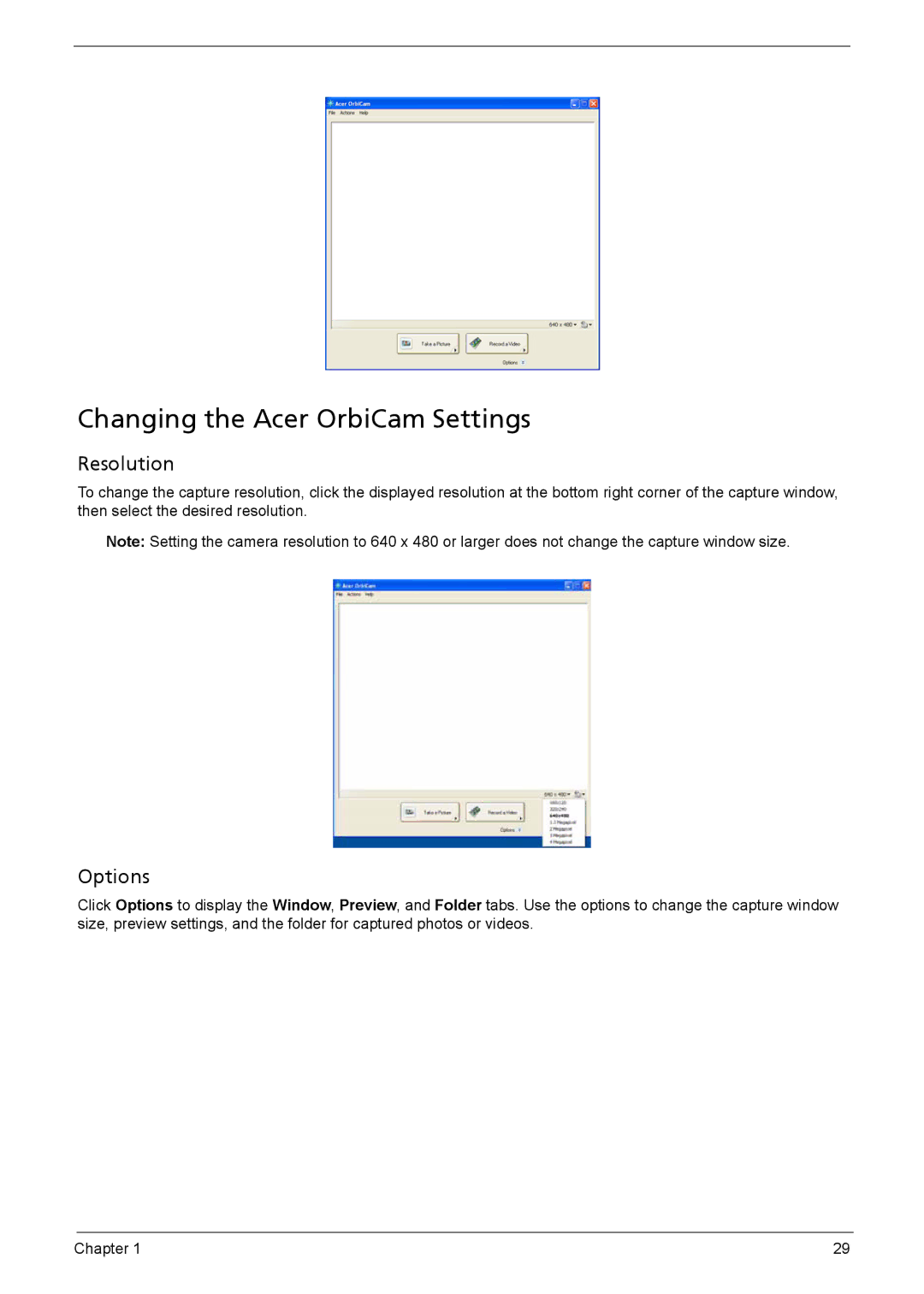 Acer 5620, 5610, 5110 manual Changing the Acer OrbiCam Settings, Resolution, Options 