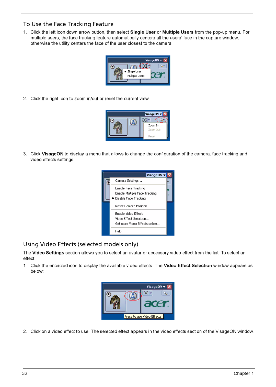 Acer 5620, 5610, 5110 manual To Use the Face Tracking Feature, Using Video Effects selected models only 