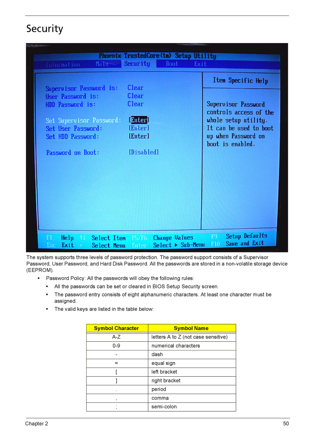 Acer 5620, 5610, 5110 manual Security, Symbol Character Symbol Name 