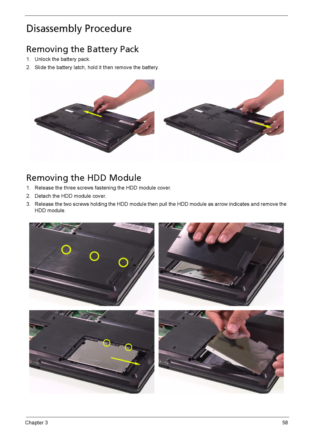 Acer 5110, 5620, 5610 manual Disassembly Procedure, Removing the Battery Pack, Removing the HDD Module 