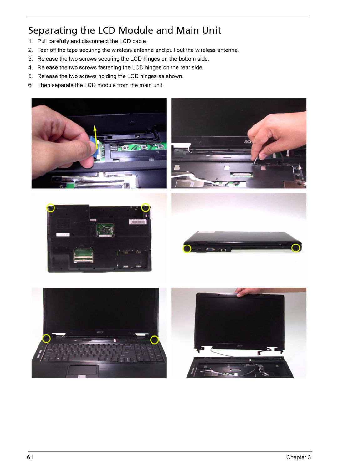 Acer 5110, 5620, 5610 manual Separating the LCD Module and Main Unit 