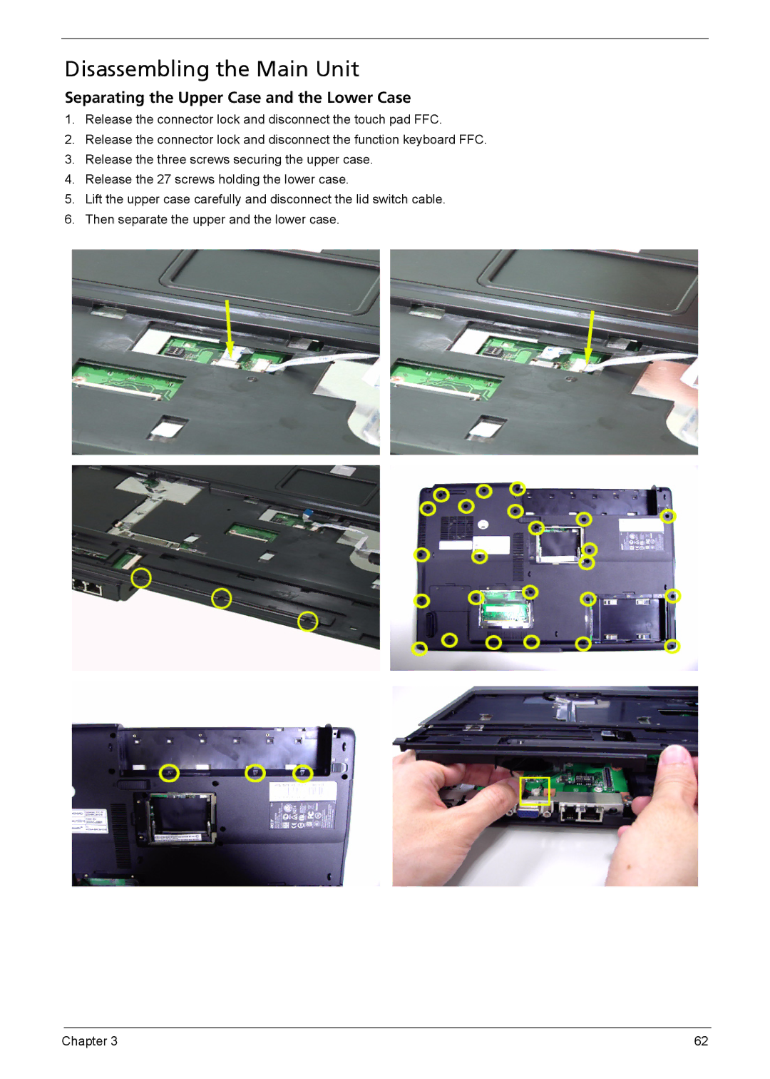 Acer 5620, 5610, 5110 manual Disassembling the Main Unit, Separating the Upper Case and the Lower Case 