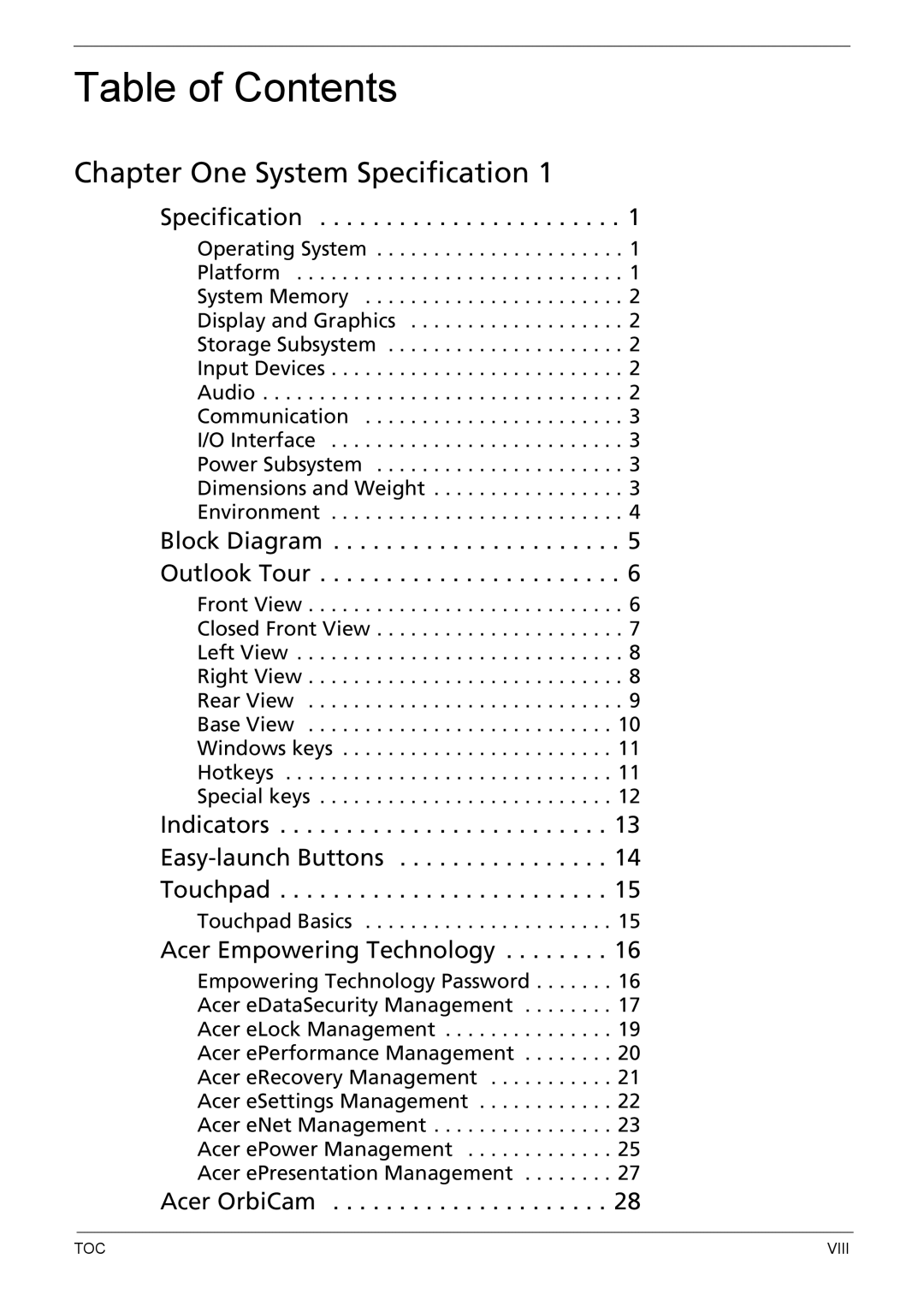 Acer 5110, 5620, 5610 manual Table of Contents 