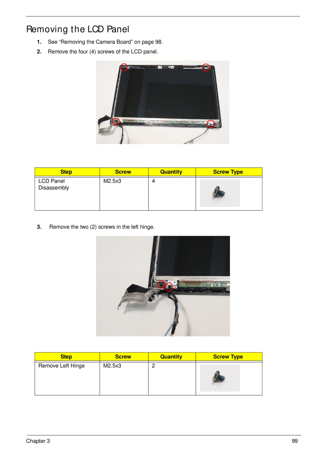 Acer 5625 manual Removing the LCD Panel, Step Screw Quantity Screw Type Remove Left Hinge M2.5x3 