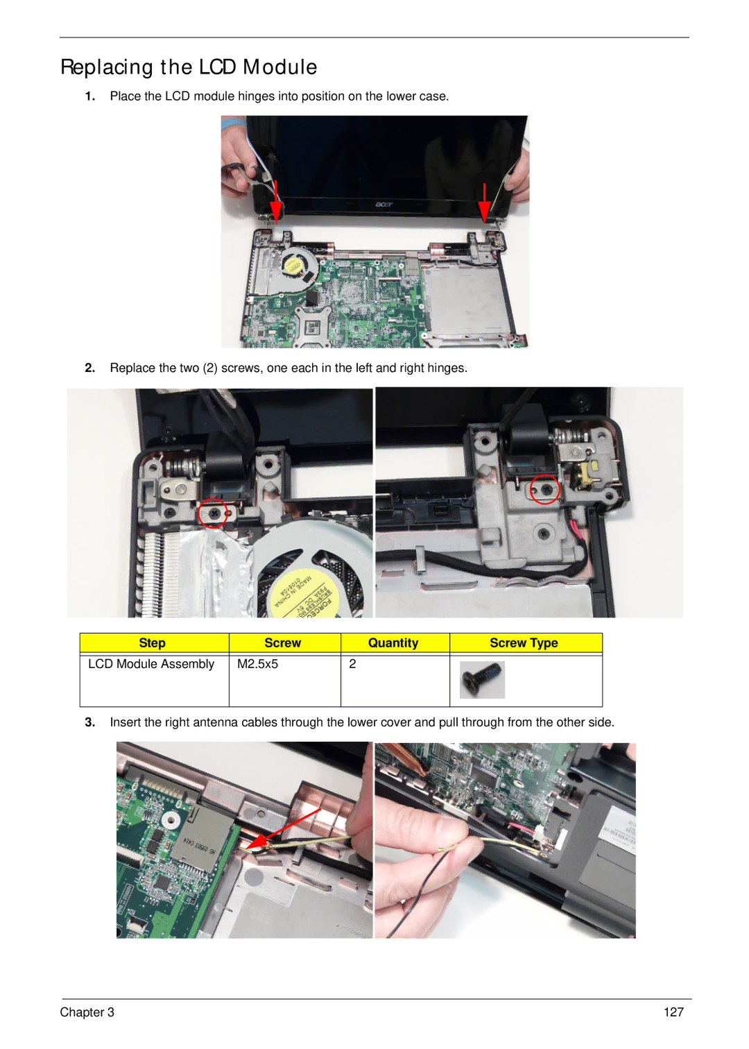 Acer 5625 manual Replacing the LCD Module, M2.5x5 