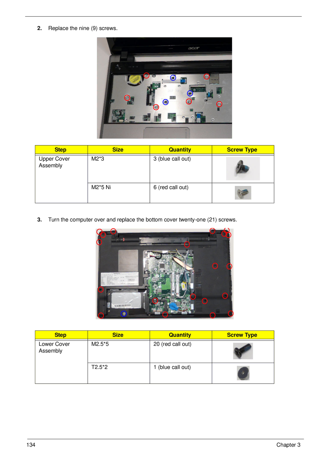 Acer 5625 manual Replace the nine 9 screws 