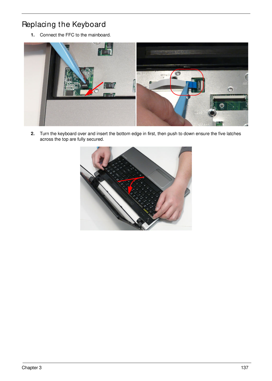 Acer 5625 manual Replacing the Keyboard 