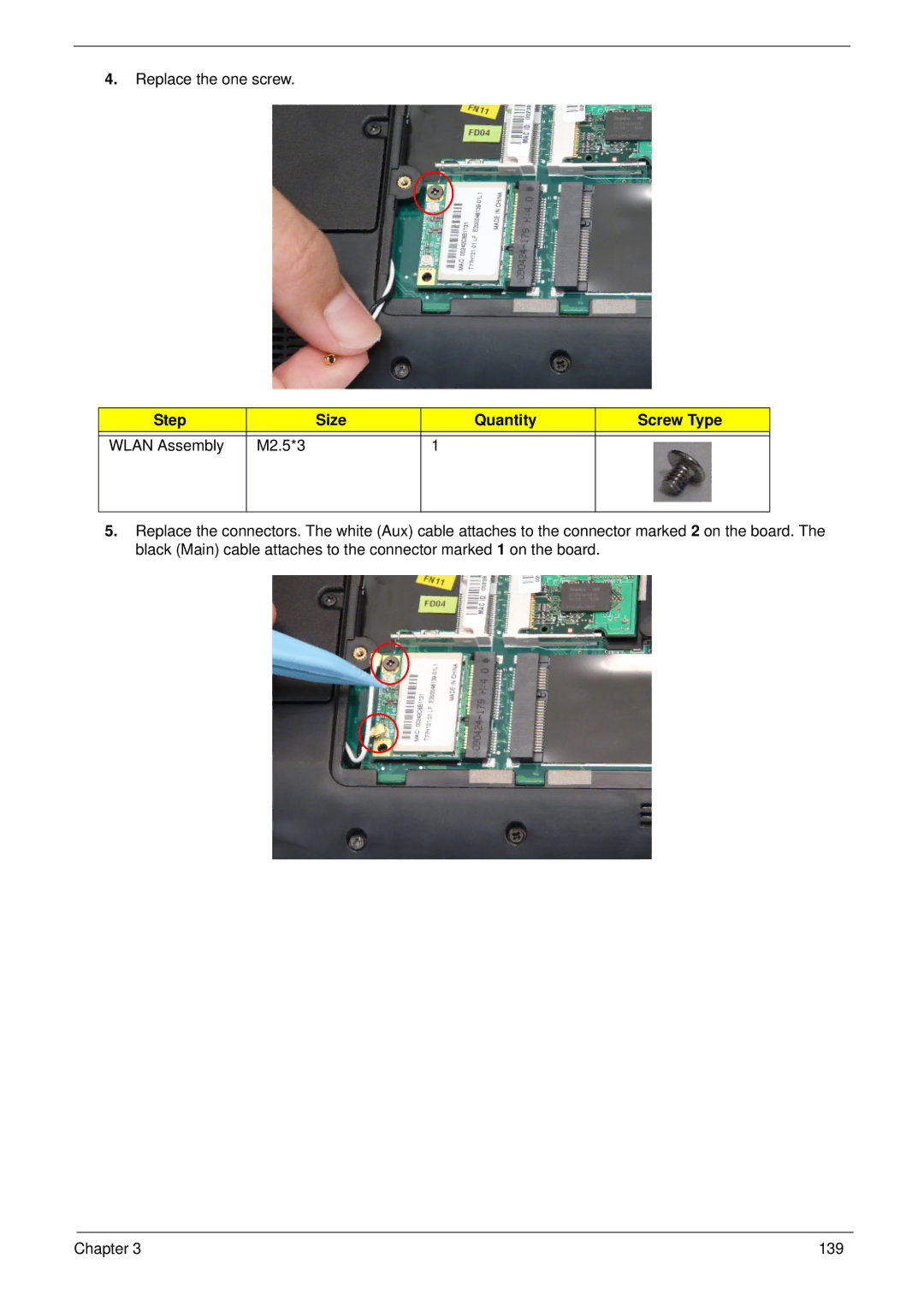 Acer 5625 manual Step Size Quantity Screw Type Wlan Assembly M2.5*3 