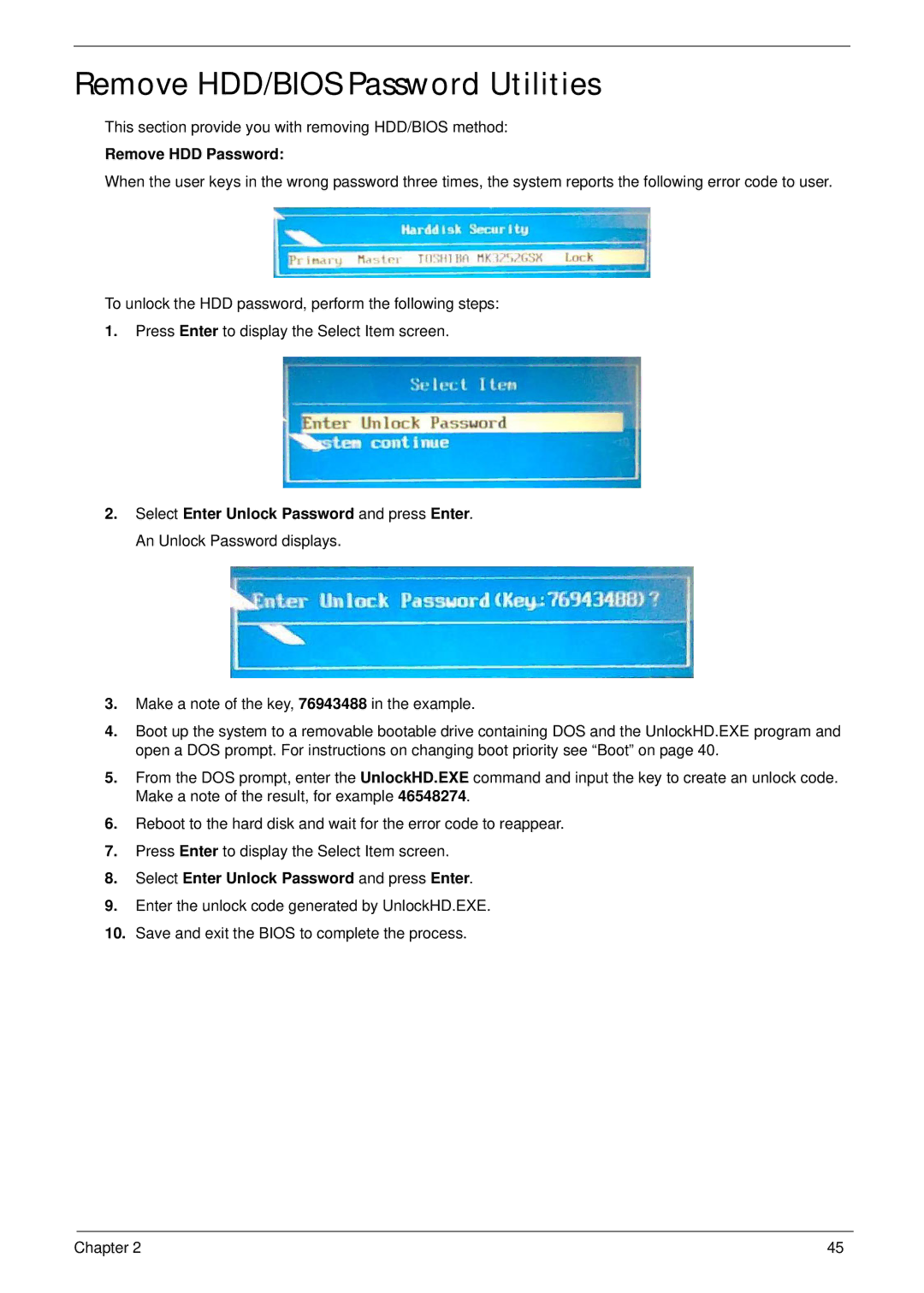 Acer 5625 manual Remove HDD/BIOS Password Utilities, Remove HDD Password, Select Enter Unlock Password and press Enter 