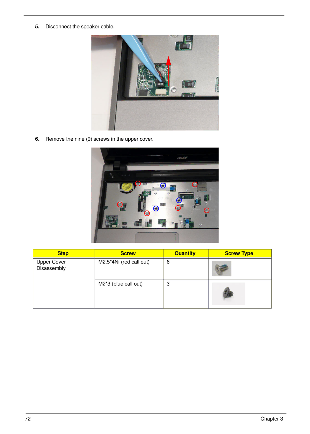 Acer 5625 manual Step Screw Quantity Screw Type 