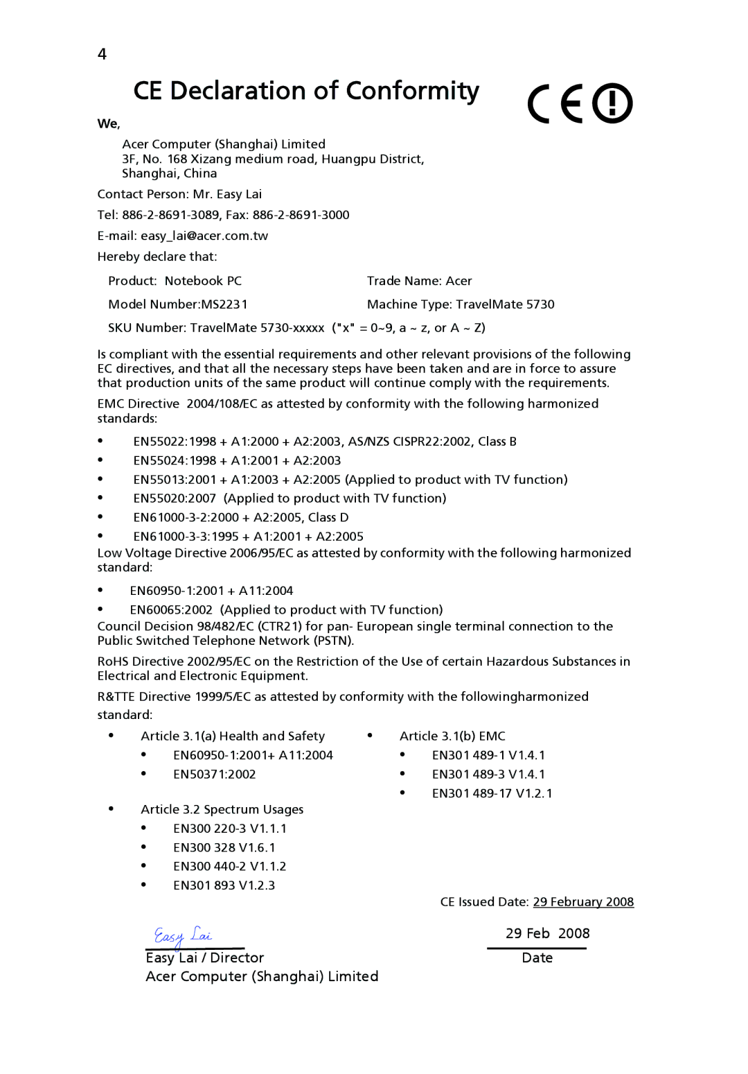 Acer 5730 Series, 5630 Series, 5725 manual CE Declaration of Conformity 