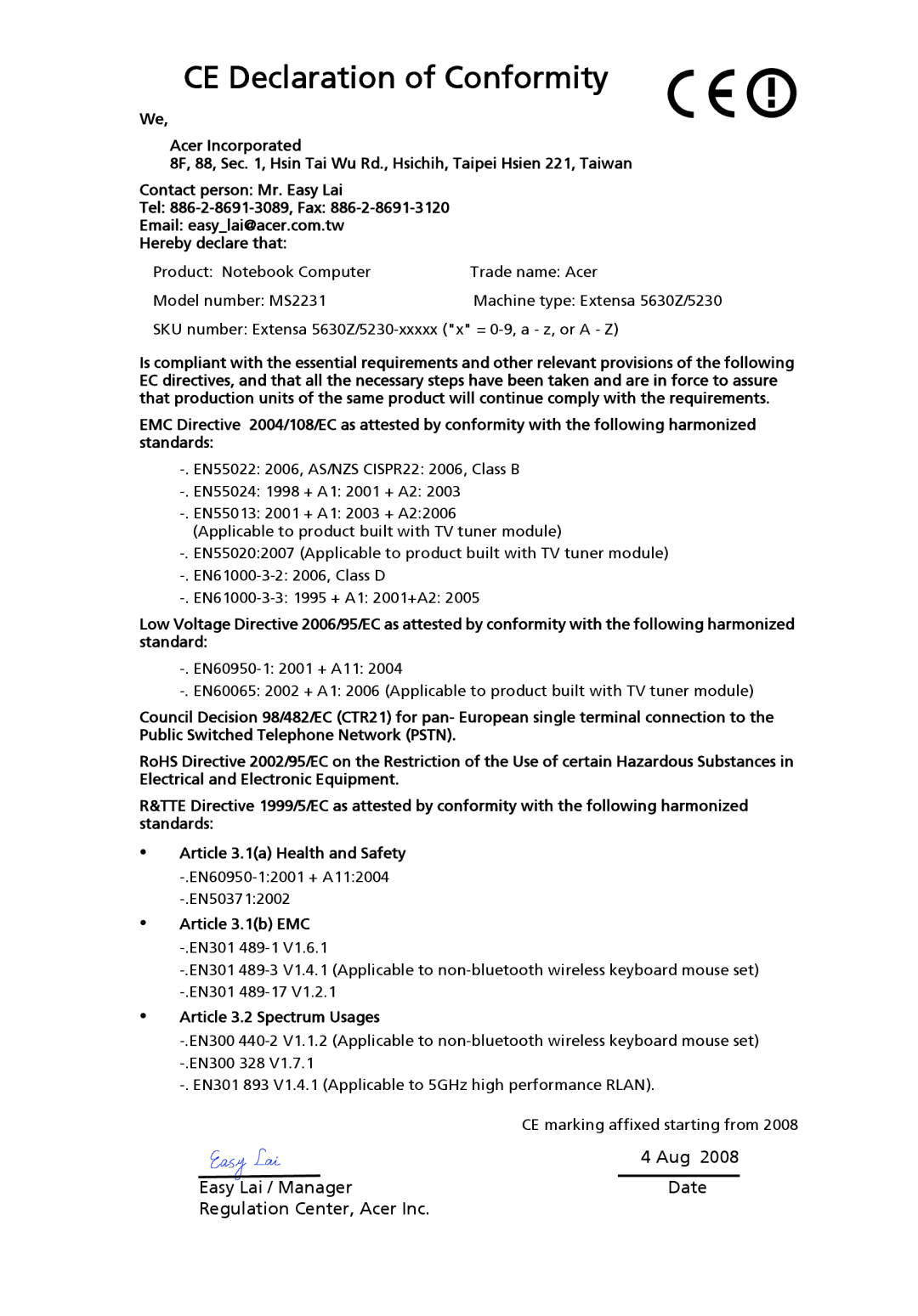 Acer 5230 Series, 5630Z SERIES manual CE Declaration of Conformity 