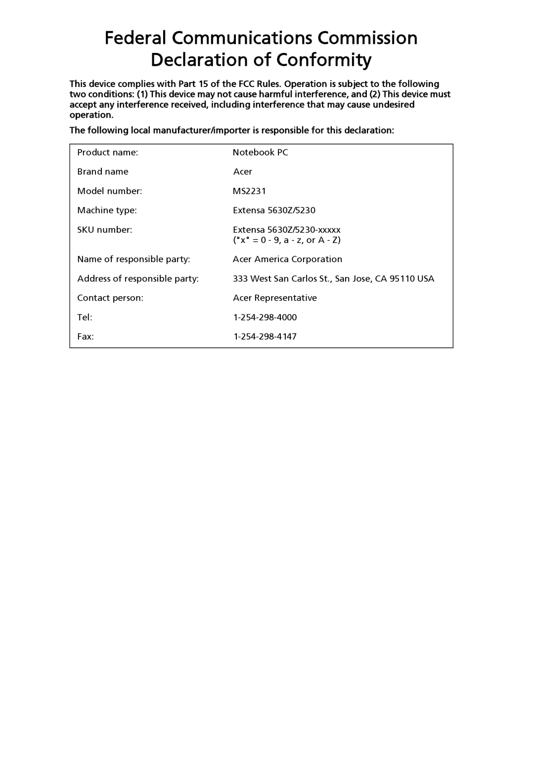 Acer 5630Z SERIES, 5230 Series manual Federal Communications Commission Declaration of Conformity 