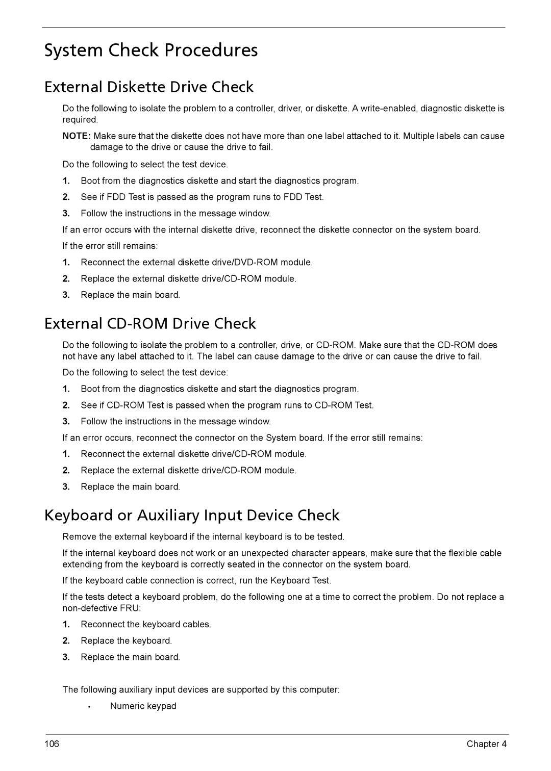 Acer 5630Z SERIES, 5230 manual System Check Procedures, External Diskette Drive Check, External CD-ROM Drive Check 