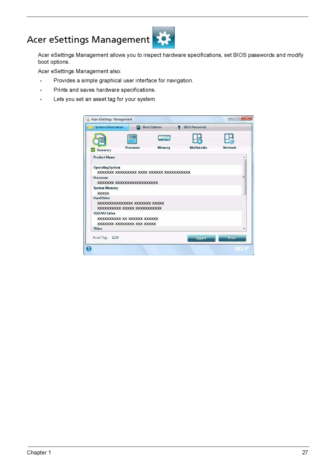 Acer 5230, 5630Z SERIES manual Acer eSettings Management 