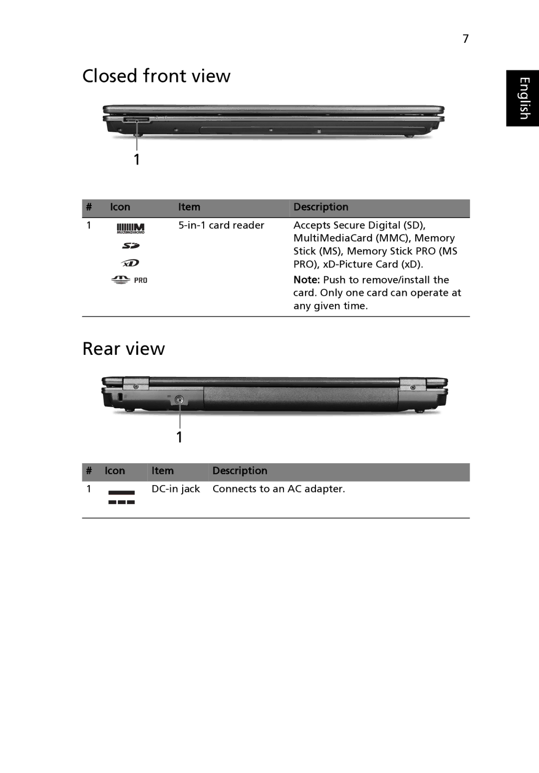 Acer 5635Z Series Closed front view, Rear view, # Icon Description, Icon Description DC-in jack Connects to an AC adapter 