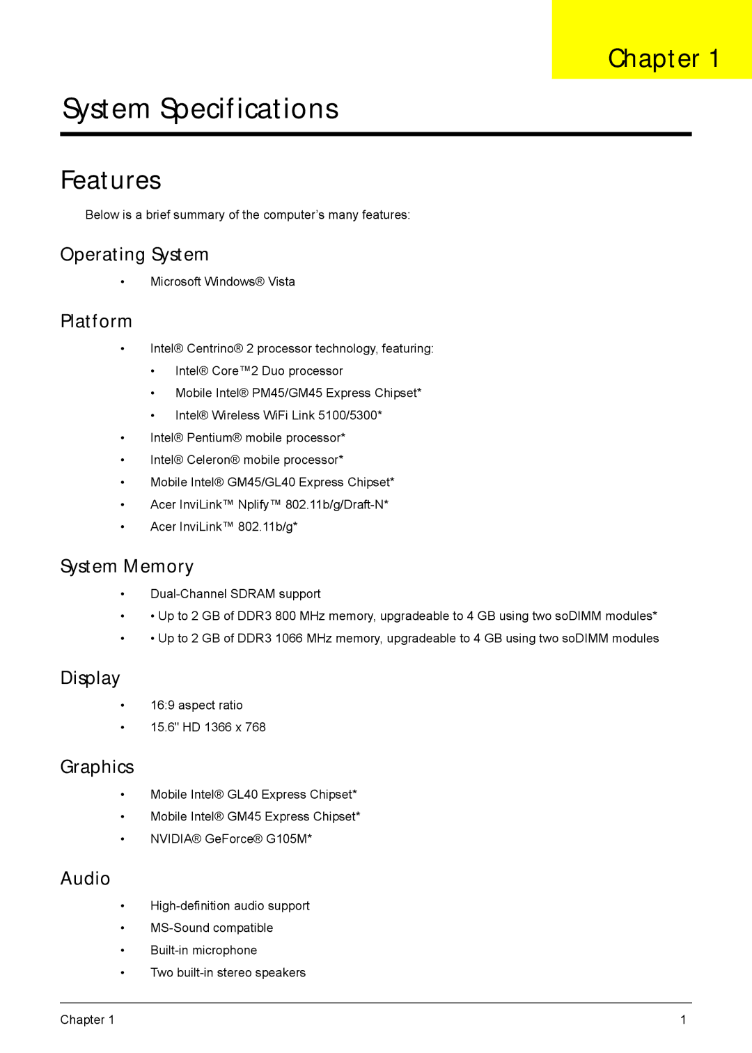 Acer 5635 manual Chapter, Features 