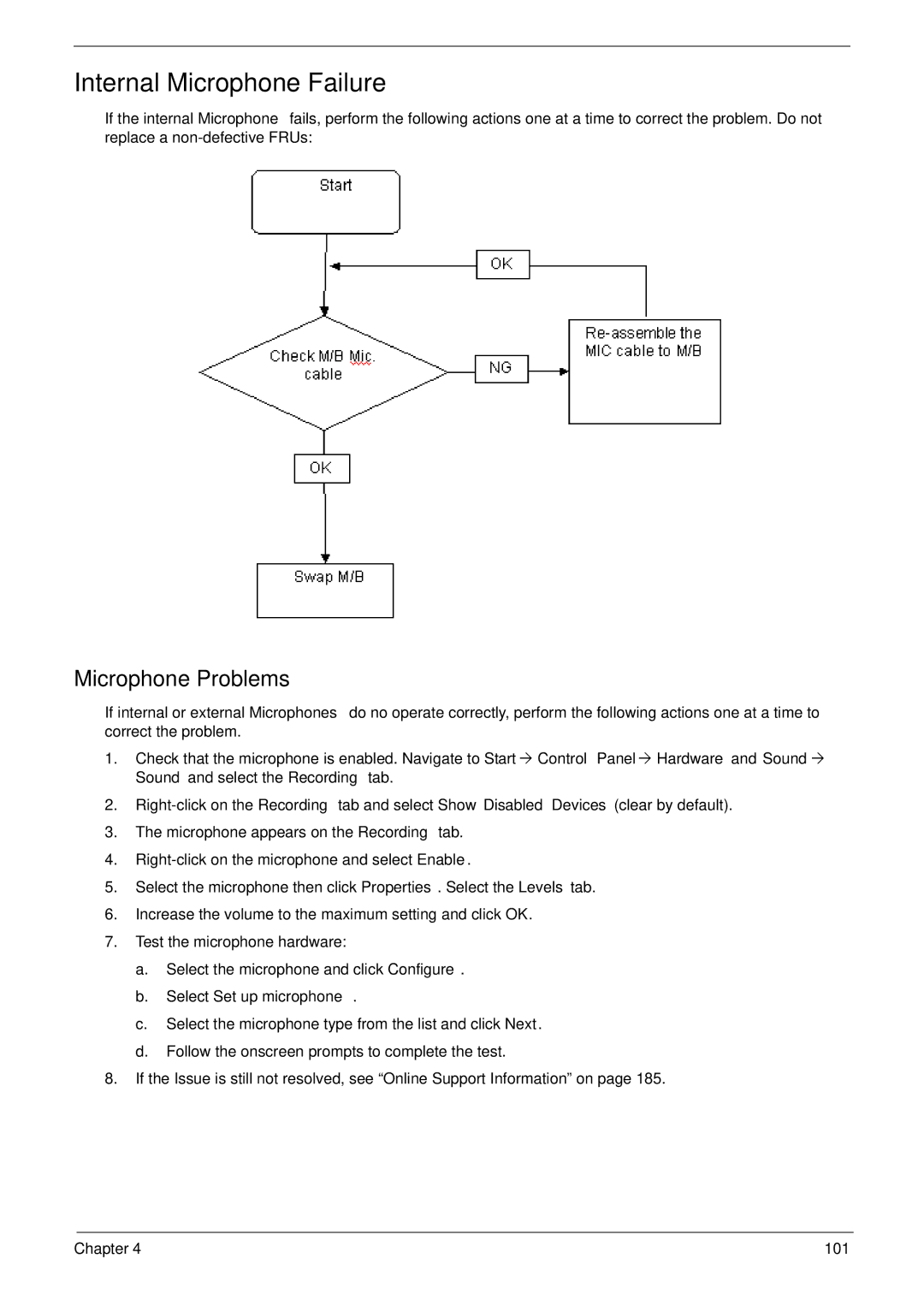 Acer 5635 manual Internal Microphone Failure, Microphone Problems, Select Set up microphone 