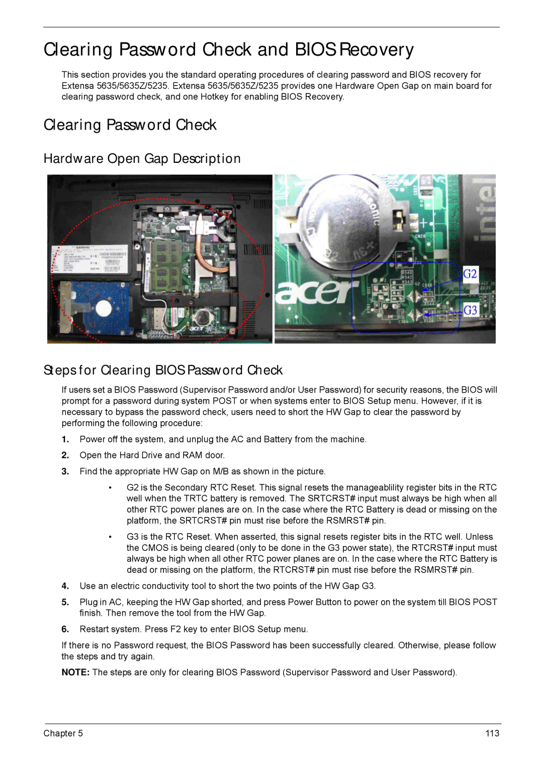 Acer 5635 manual Clearing Password Check and Bios Recovery 