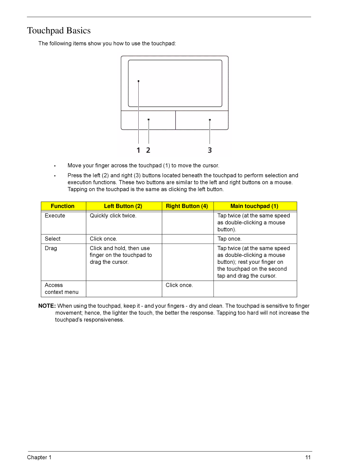 Acer 5635 manual Touchpad Basics, Function Left Button Right Button Main touchpad 