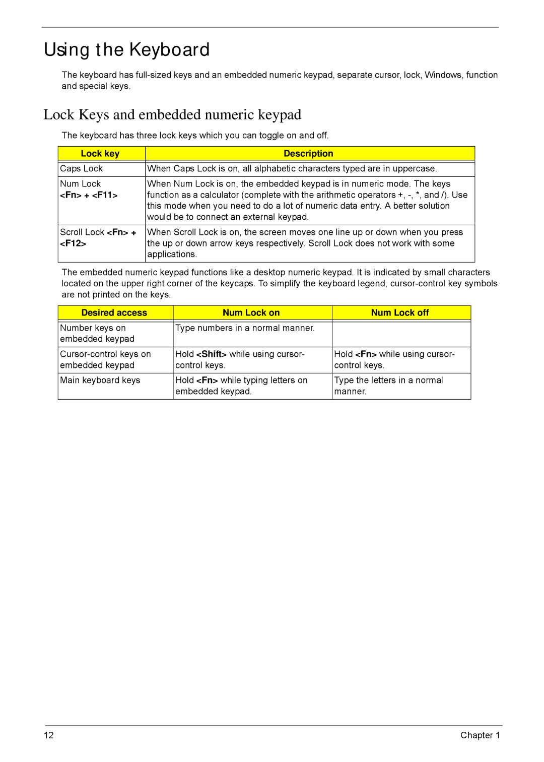 Acer 5635 manual Using the Keyboard, Lock key Description, Fn + F11, F12, Desired access Num Lock on Num Lock off 