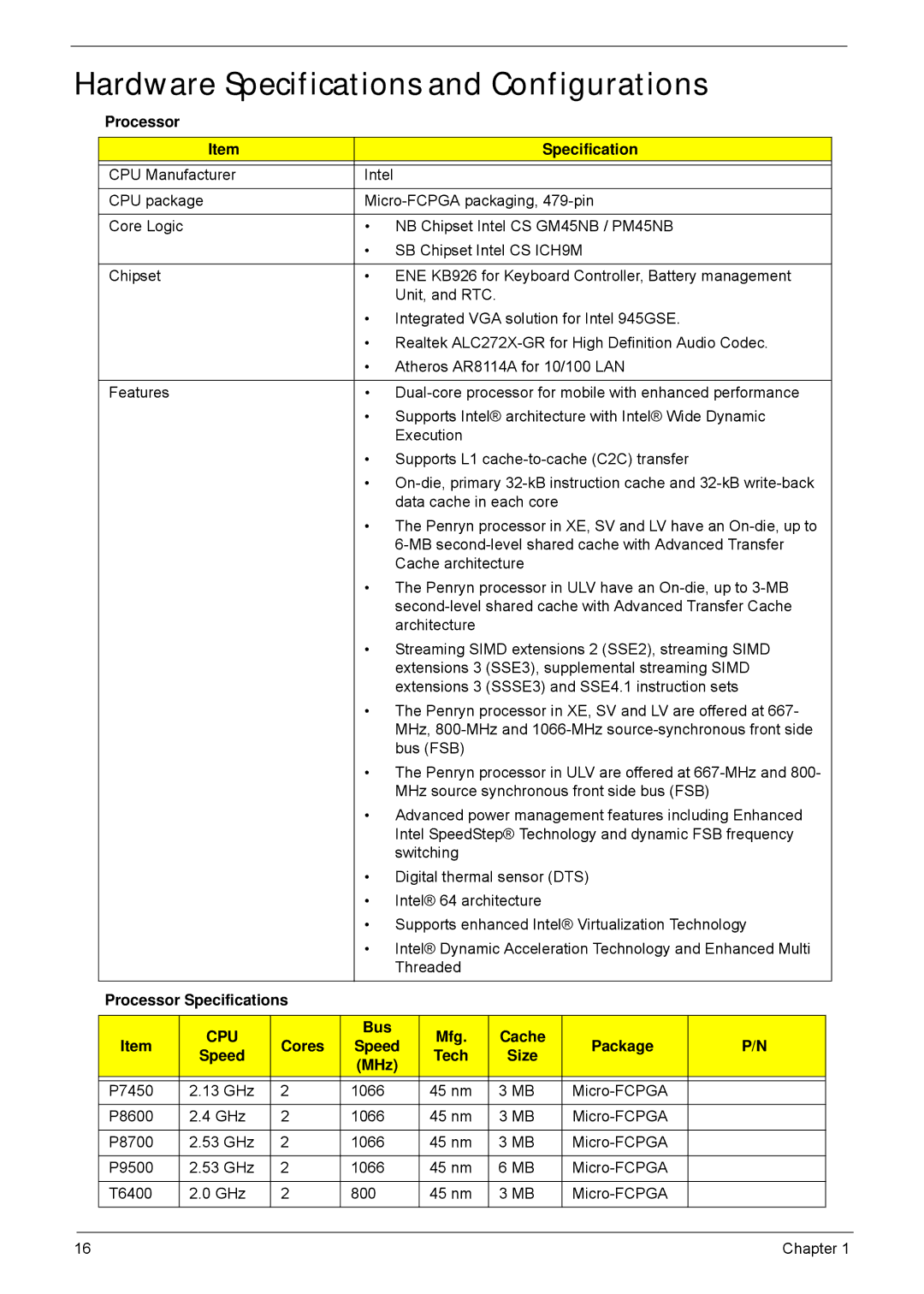 Acer 5635 manual Hardware Specifications and Configurations 