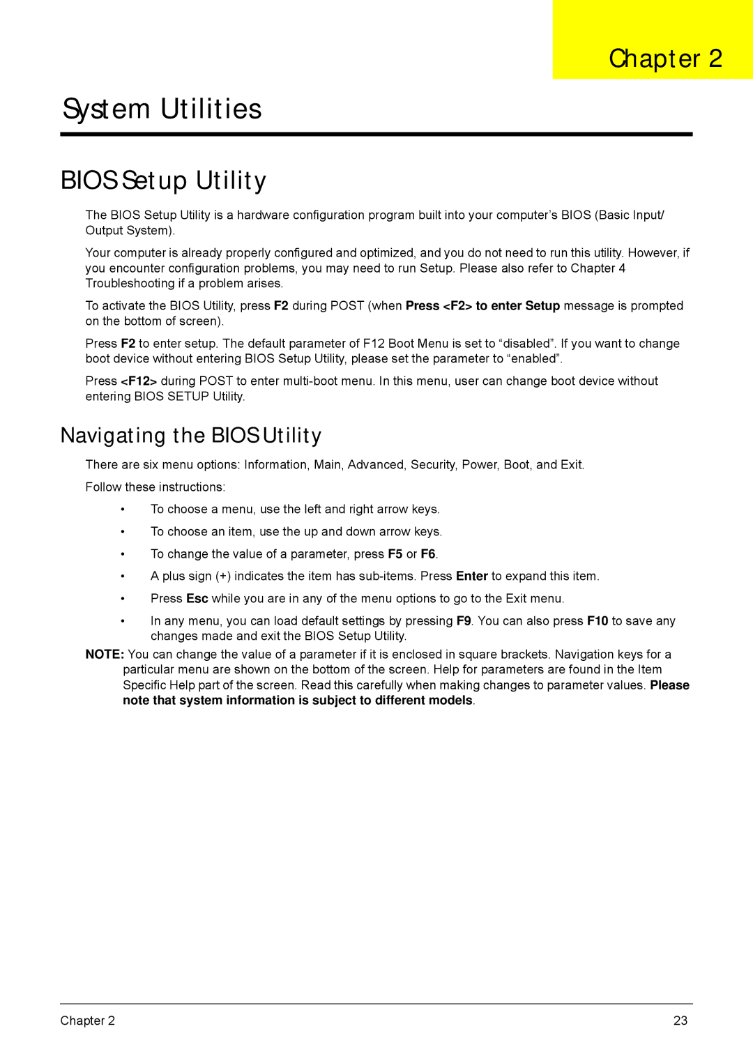 Acer 5635 manual Bios Setup Utility, Navigating the Bios Utility 