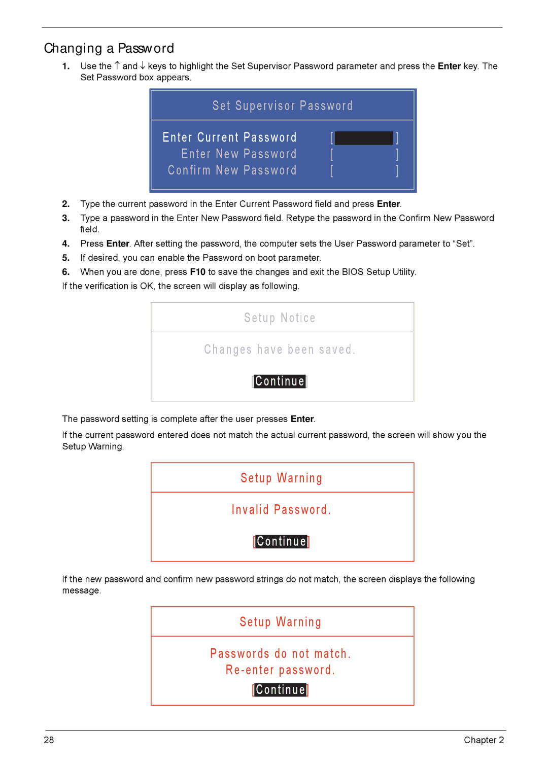 Acer 5635 manual Continue, Changing a Password 