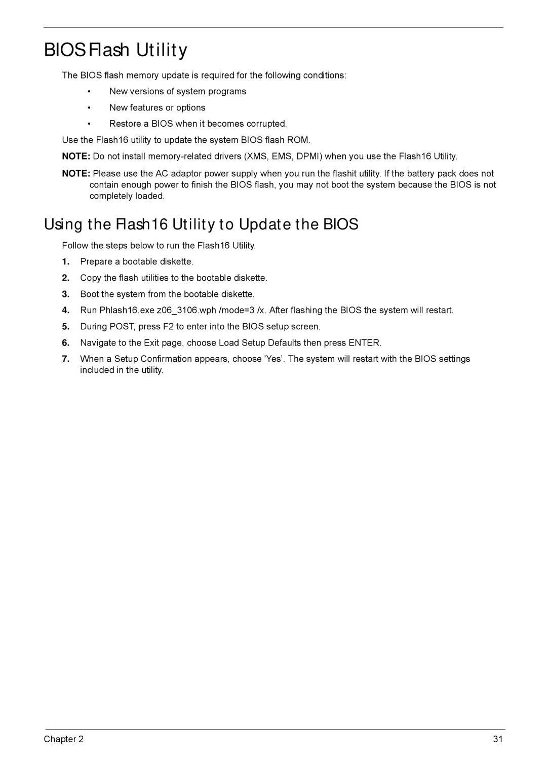 Acer 5635 manual Bios Flash Utility, Using the Flash16 Utility to Update the Bios 