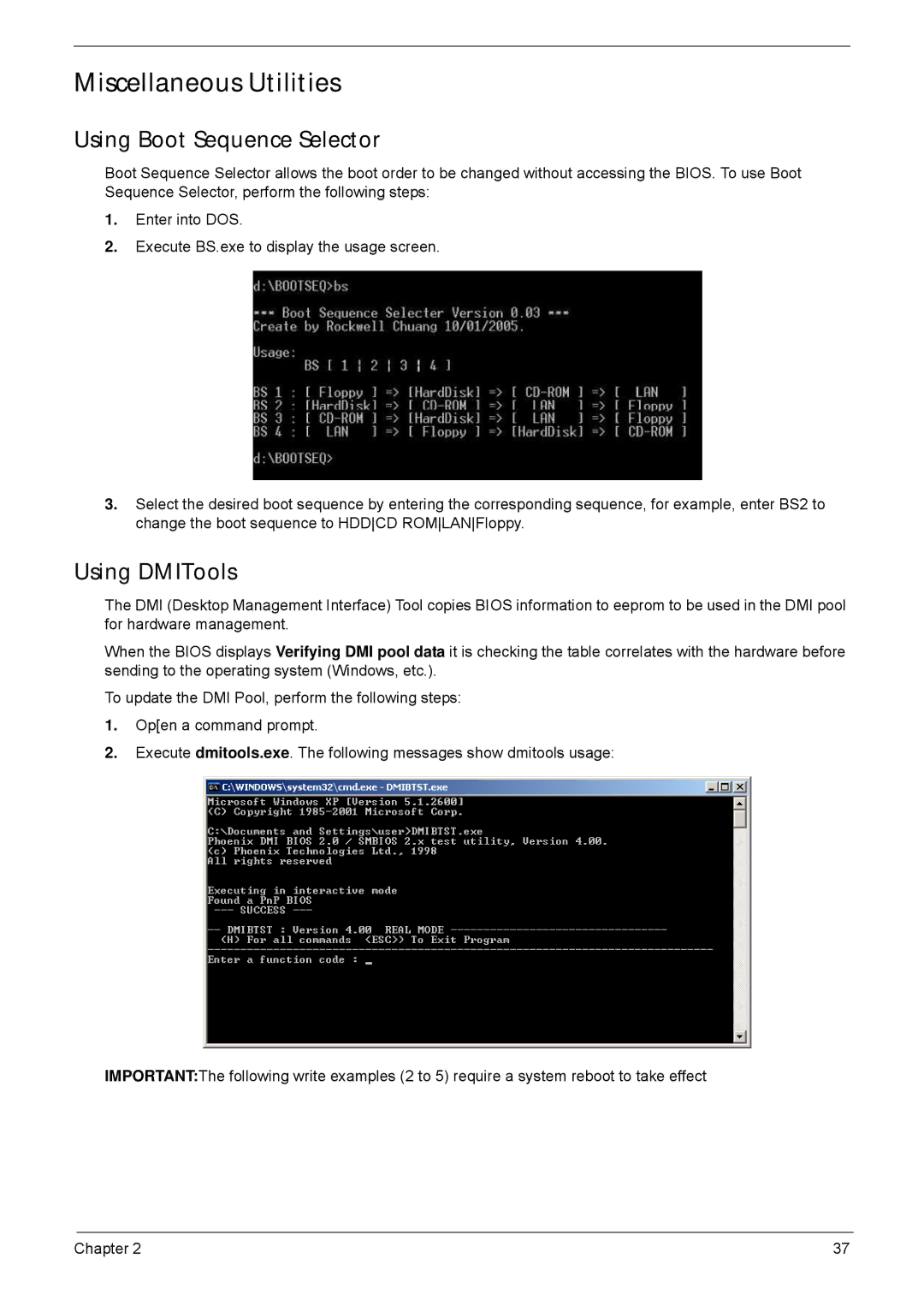 Acer 5635 manual Miscellaneous Utilities, Using Boot Sequence Selector, Using DMITools 