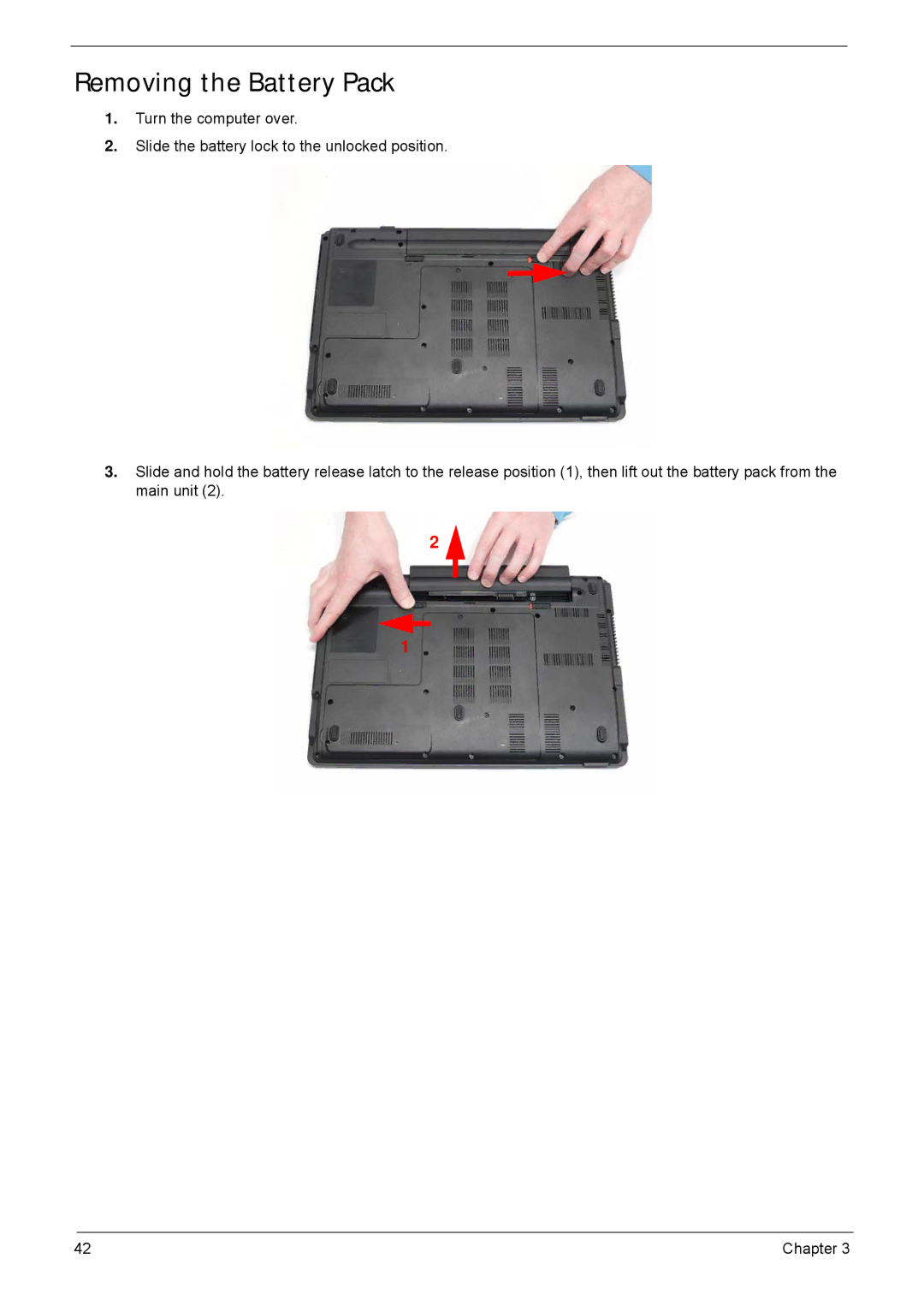 Acer 5635 manual Removing the Battery Pack 