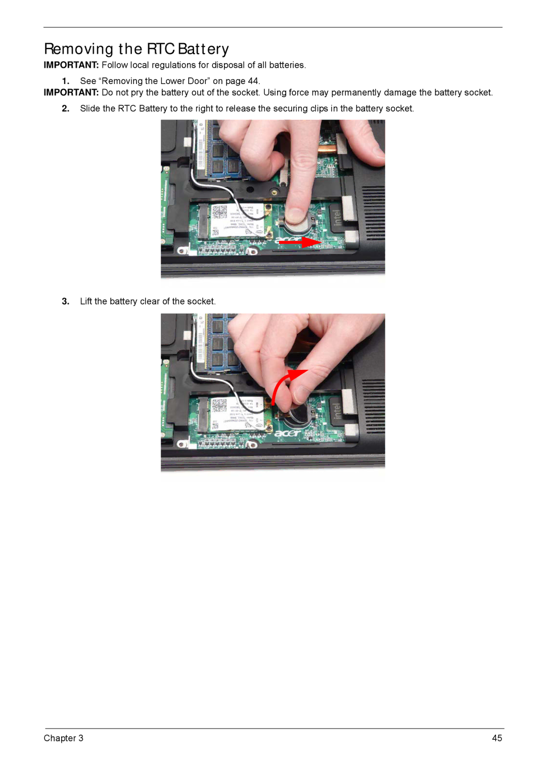 Acer 5635 manual Removing the RTC Battery 