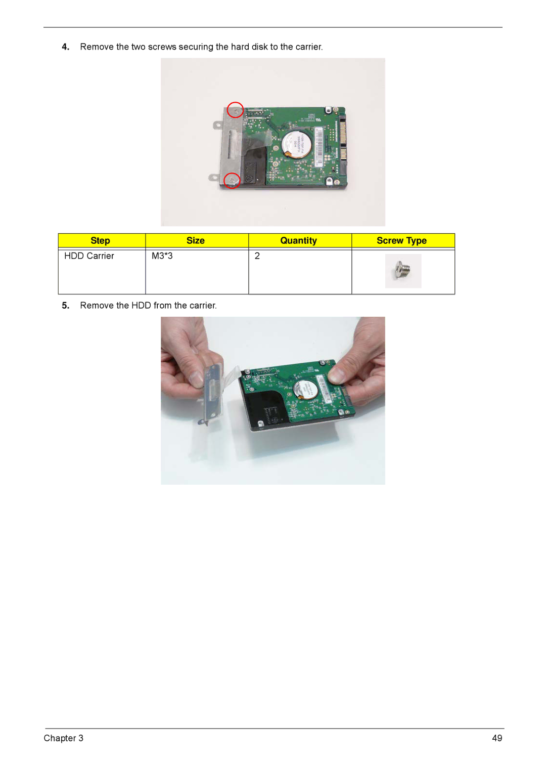 Acer 5635 manual Step Size Quantity Screw Type HDD Carrier M3*3 