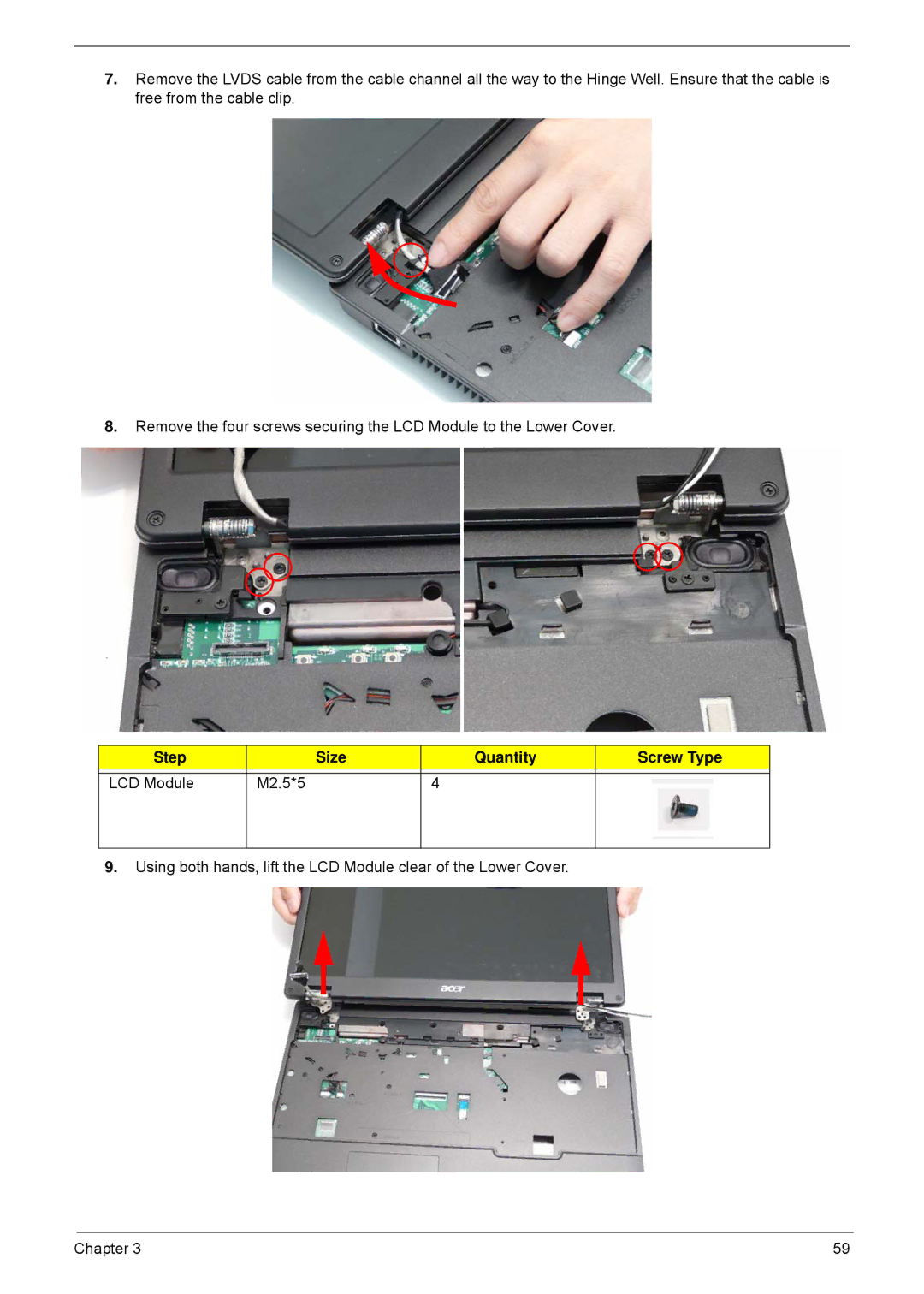 Acer 5635 manual Step Size Quantity Screw Type LCD Module M2.5*5 