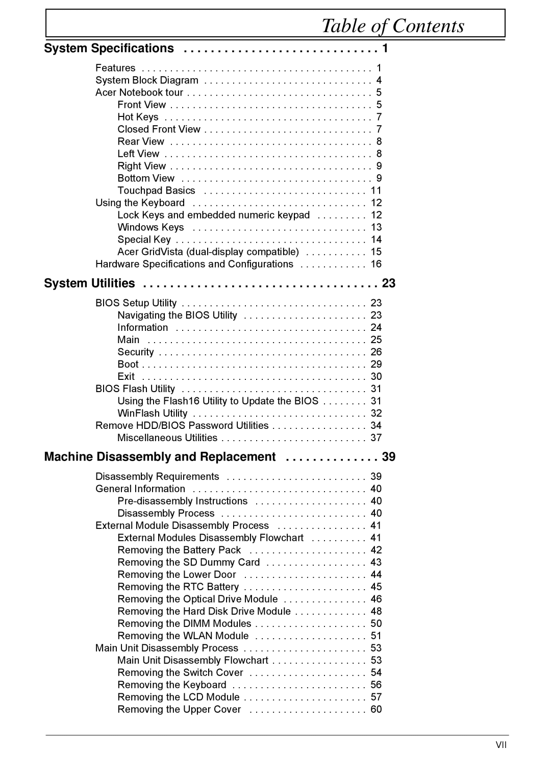 Acer 5635 manual Table of Contents 