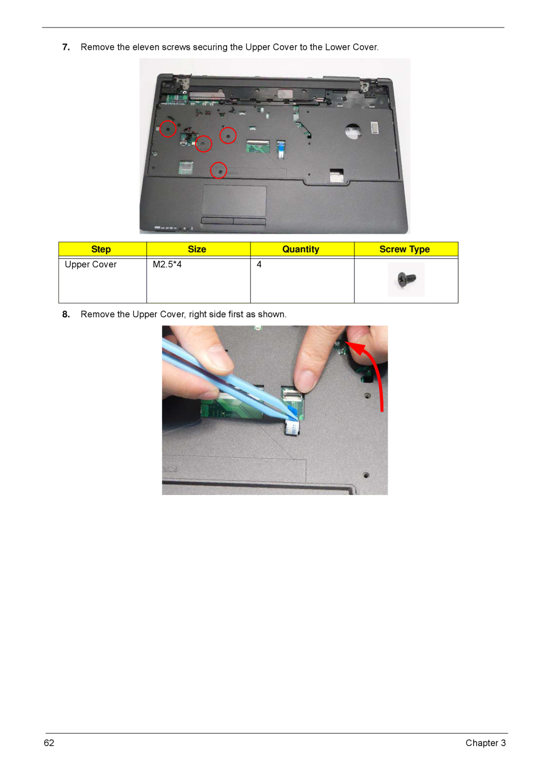 Acer 5635 manual Step Size Quantity Screw Type Upper Cover M2.5*4 