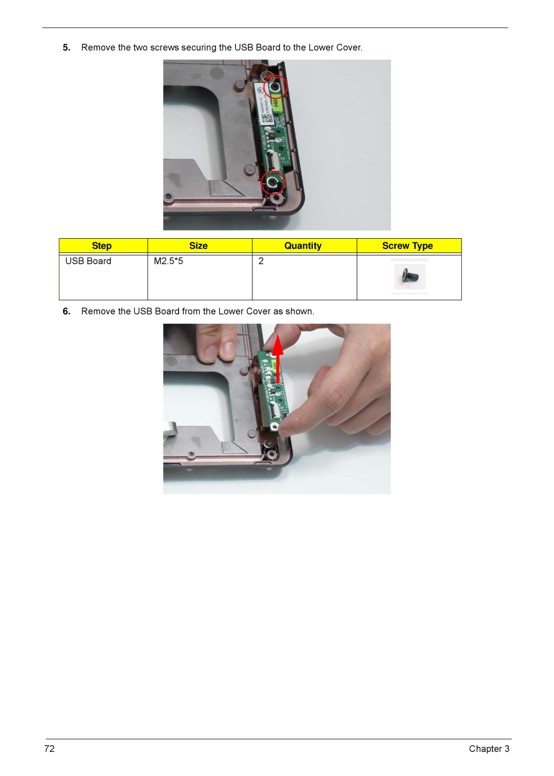 Acer 5635 manual Step Size Quantity Screw Type USB Board M2.5*5 