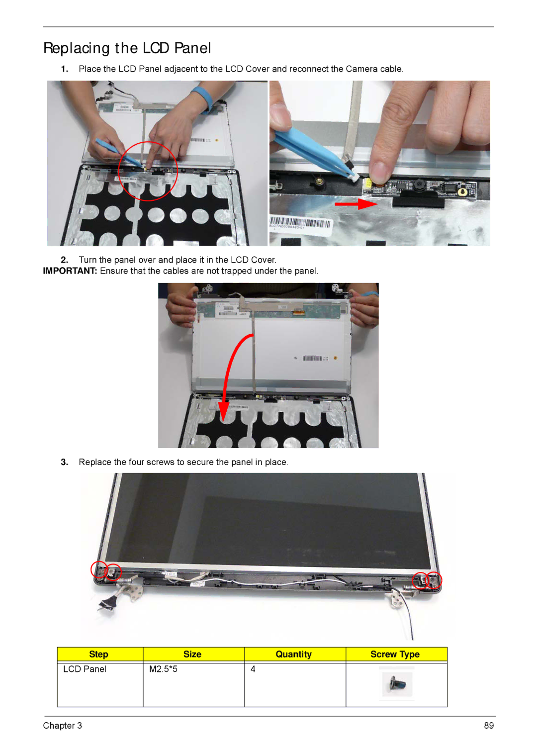 Acer 5635 manual Replacing the LCD Panel, Step Size Quantity Screw Type LCD Panel M2.5*5 