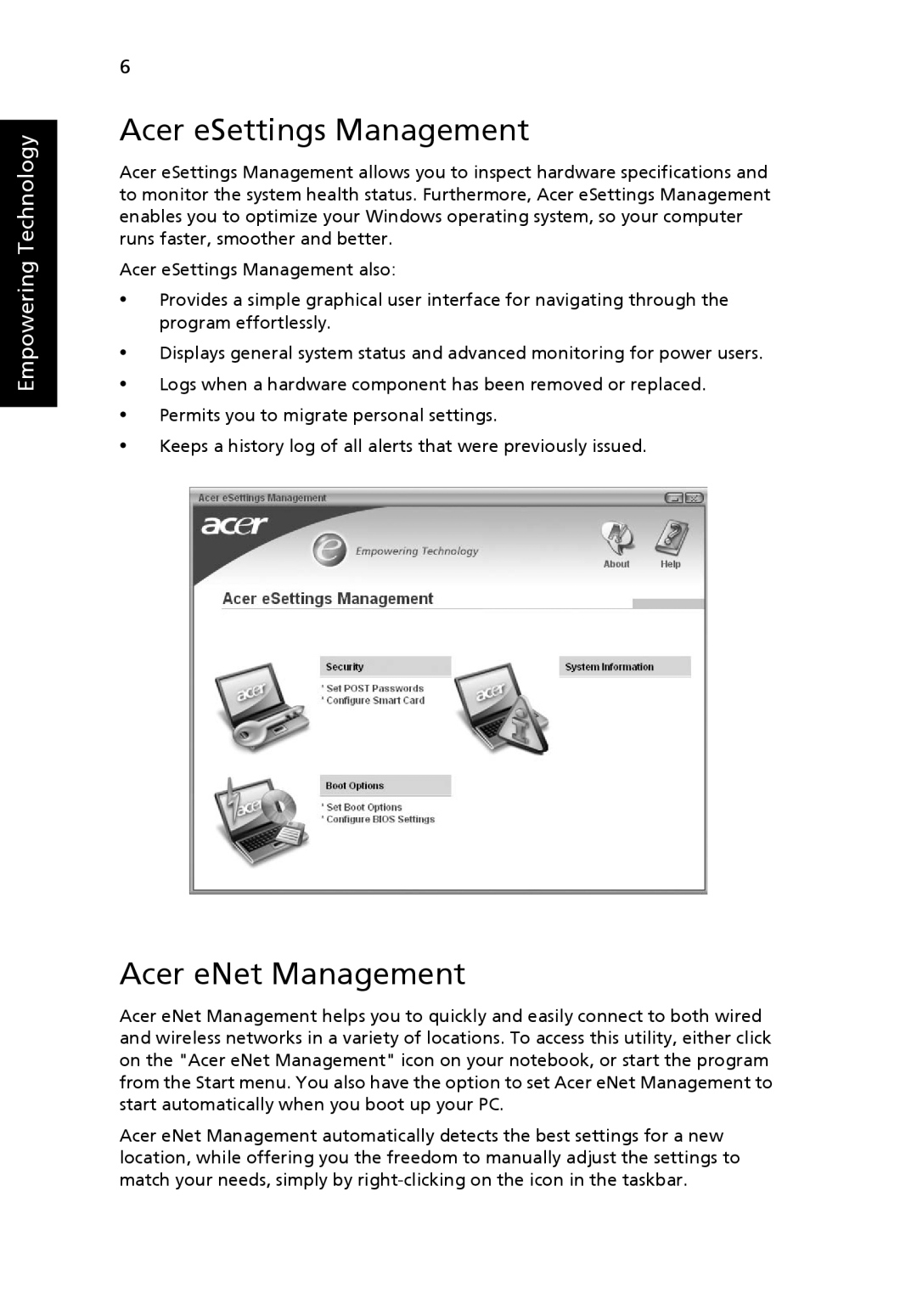 Acer 5650 manual Acer eSettings Management, Acer eNet Management 