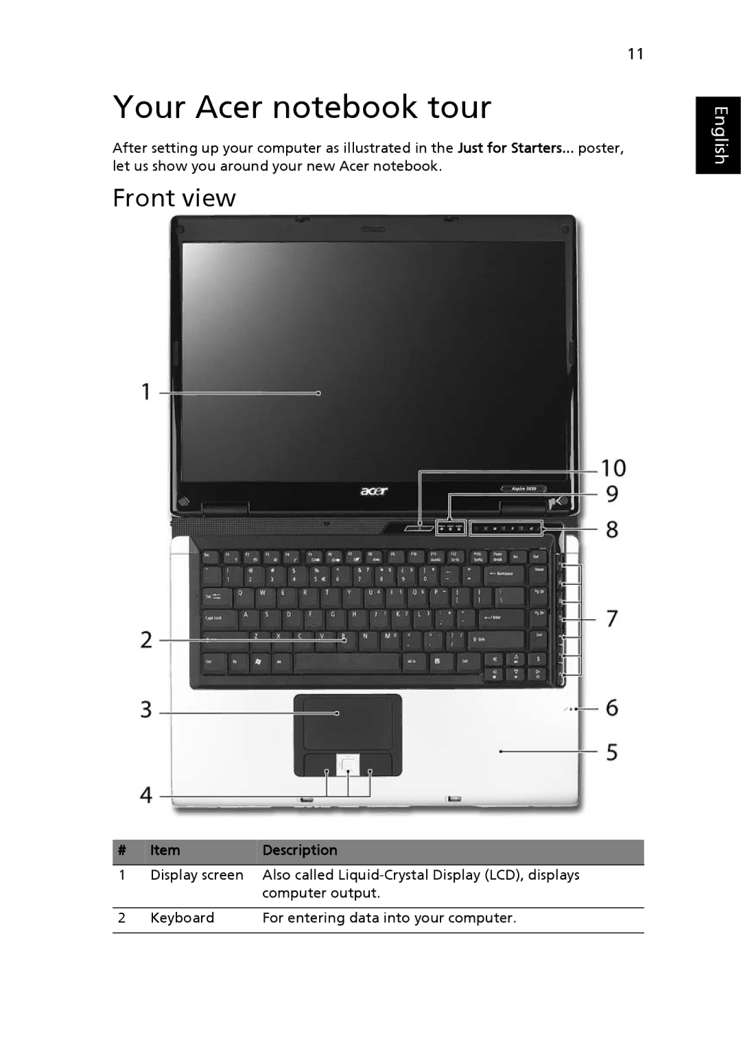 Acer 5650 manual Your Acer notebook tour, Front view, Description 