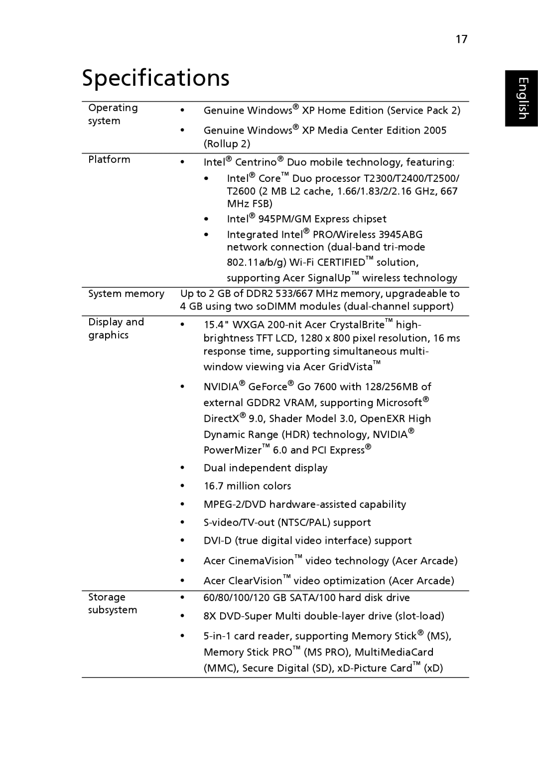 Acer 5650 manual Specifications 