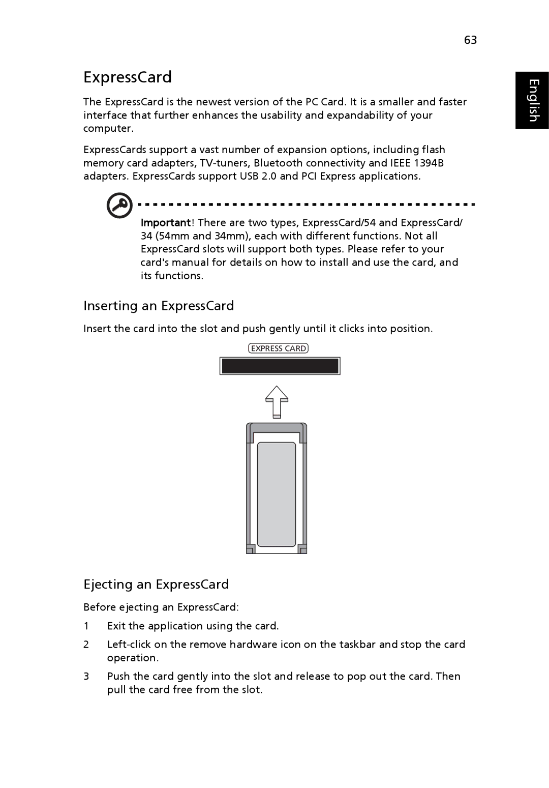 Acer 5650 manual Inserting an ExpressCard, Ejecting an ExpressCard 