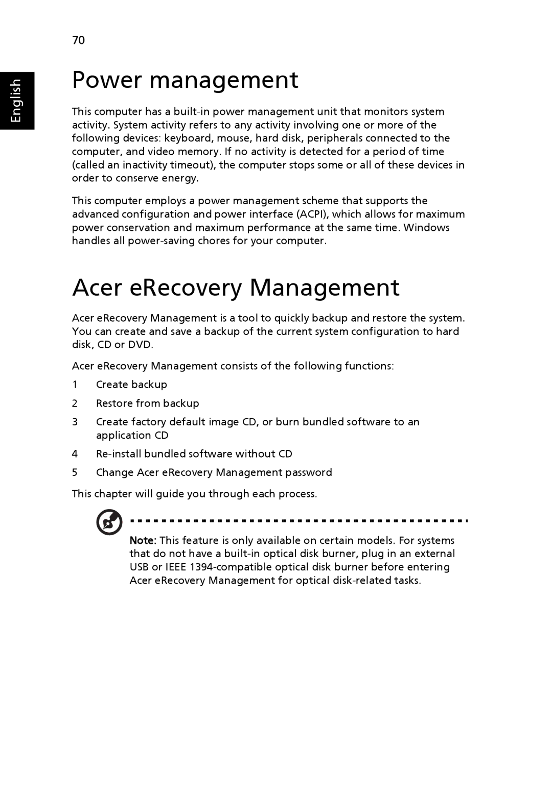 Acer 5650 manual Power management, Acer eRecovery Management 