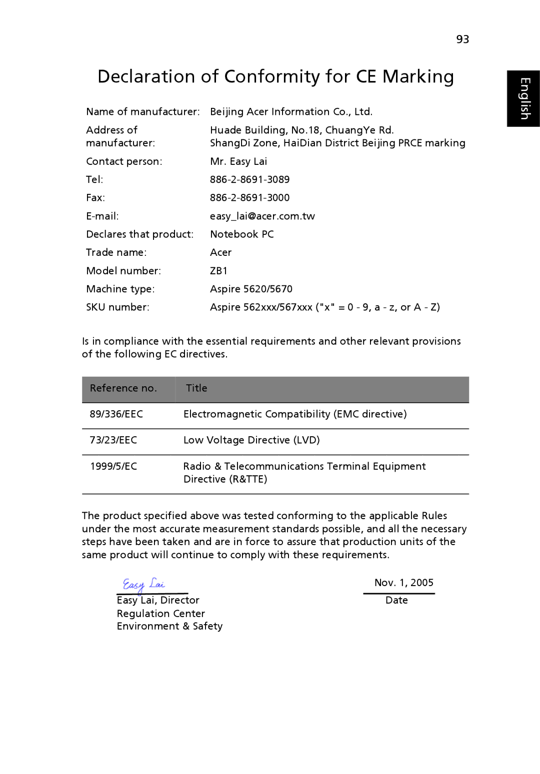 Acer Aspire 5620, 5670 manual Declaration of Conformity for CE Marking 